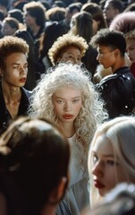 Close-up portrait of a stylish model with pale skin and white curly hair among diverse audience members