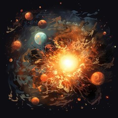 Planet explosion. Apocalypse in space, destroying cosmic object.