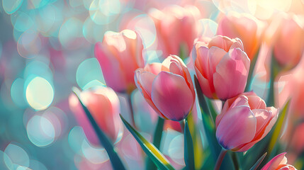 Pink tulips scattered on a textured background with artistic paint splatters delicate pastel multi color background with tulips, Generative AI - Powered by Adobe