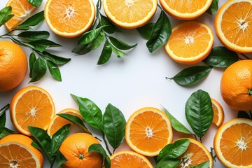 Top view of vibrant orange slices and leaves spread on a white background with a central space