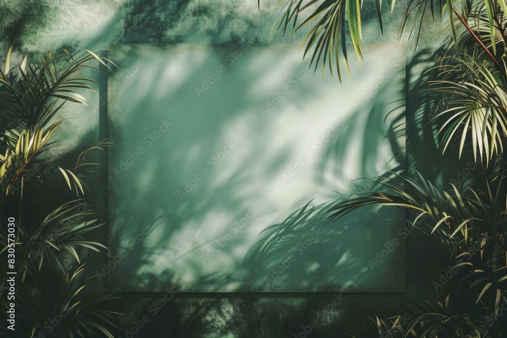Aufkleber a green background with a white frame and a large palm tree in the foreground. the palm tree casts a