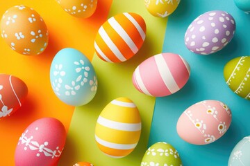 Obraz premium A colorful array of painted eggs with stripes and flowers. The eggs are arranged in a pattern on a blue background