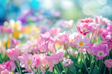 A field of pink flowers with yellow flowers in the background. The flowers are in full bloom and the colors are vibrant. Scene is cheerful and uplifting