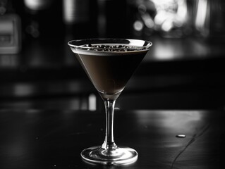 A martini glass filled with a dark liquid sits on a counter. The image has a moody, mysterious feel to it, as the dark liquid in the martini glass seems to be the only source of light in the scene