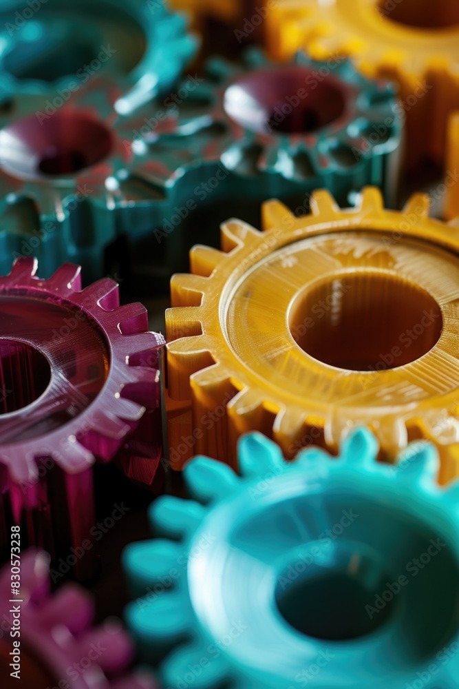 Poster a close up of a collection of colorful gears. the gears are of different sizes and colors, and they 