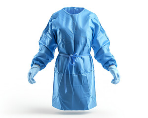 Blue disposable medical gown with long sleeves and ties at the waist and wrist. Protective clothing for healthcare professionals.