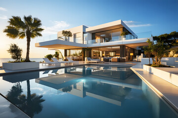 Fototapeta premium Landscape of swimming pool beautiful and structure of Villa or hotel house modern by sea amidst bright sunshine and clear skies white architecture . Luxury travel summer concept, vacation destination.