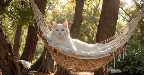 Backyard Serenity: A Hammock Retreat Under the Oaks with Soft Sunlight, Cozy Blankets, and a Cat Companion. low view - Powered by Adobe