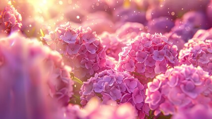  A field of purple flowers with a bunch of pink blooms, sun shining through scattered clouds - Powered by Adobe