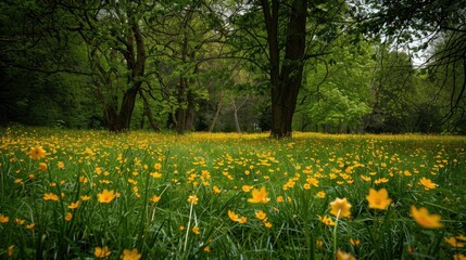 Obraz premium Yellow flowers field with trees in the background