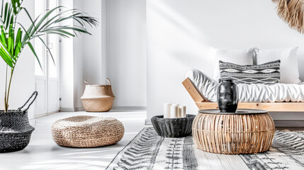 Zen minimalist interiors with neutral tones, minimal furniture and natural decor.