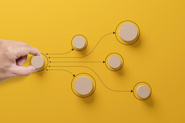 Business process and workflow automation with flowchart. Hand holding wooden cube block arranging...