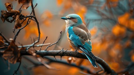 Blue European roller perched on a tree branch
