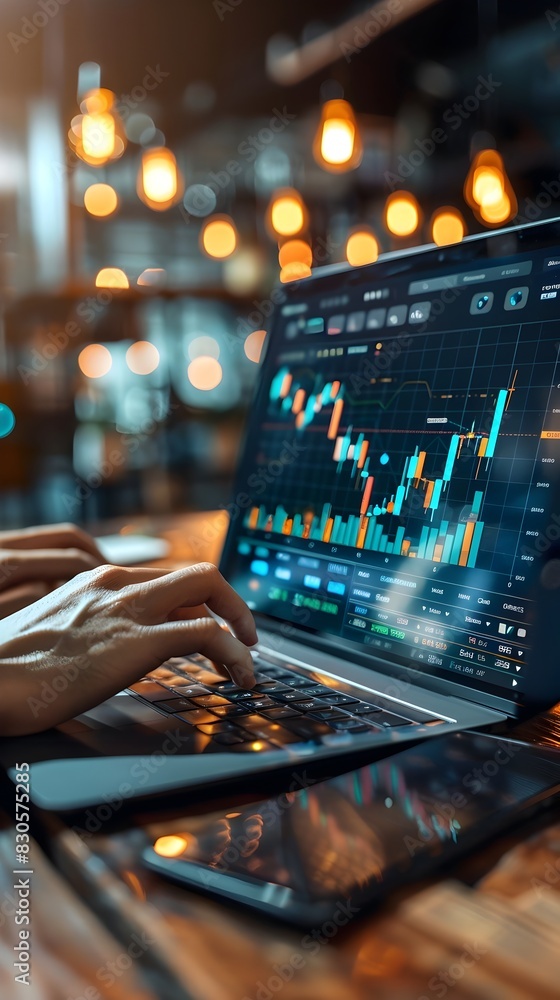 Aufkleber digital analytics and financial data visualization on laptop screen for seo and marketing optimizati