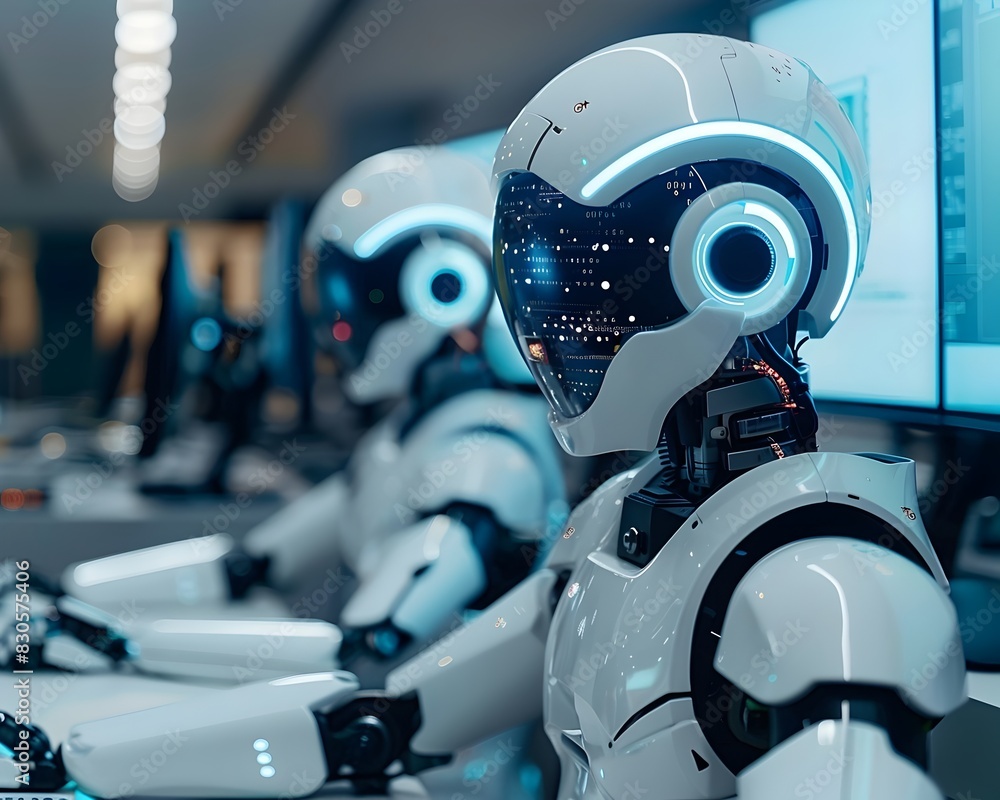 Poster artificial intelligence customer service bots being programmed by developers in a tech hub for digit