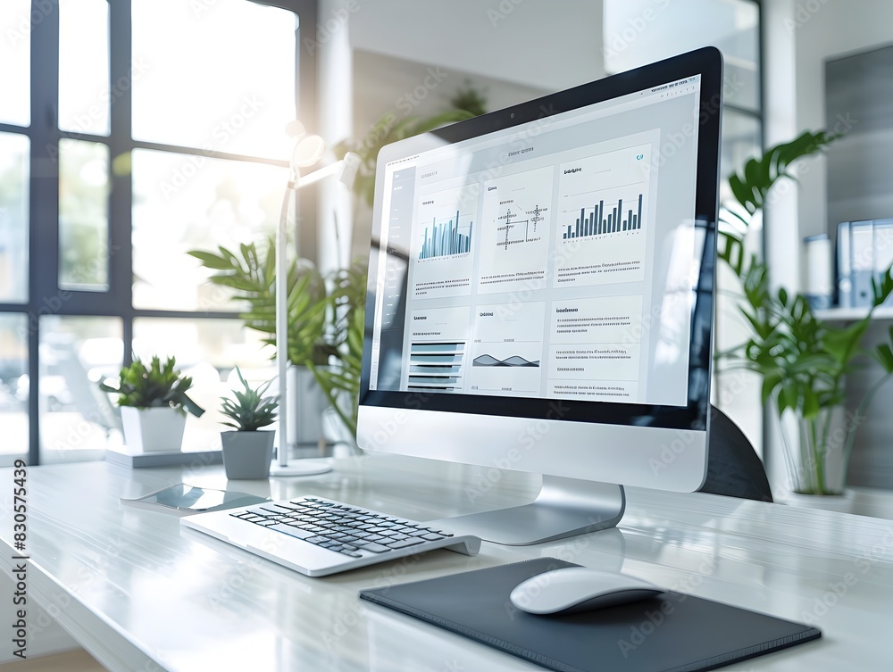 Poster e commerce website redesign concept with data analytics on a large monitor in a sleek office environ