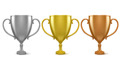 Silver, gold, bronze cup or trophy. 3d metal goblet for sport competition, award for soccer or race. Contest and ceremony, celebration and achievement.