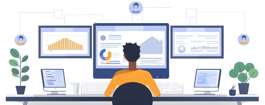 Affiliate Marketing Manager Tracking Referrals and Analytics on Multiple Screens in a Digital Marketing Concept