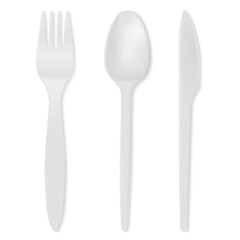 Realistic Detailed 3d Disposable White Plastic Cutlery Set Include of Spoon, Knife and Fork for Picnic. Vector illustration