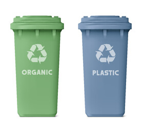 Two color of recycle trash bin,  green and blue isolated on white background.