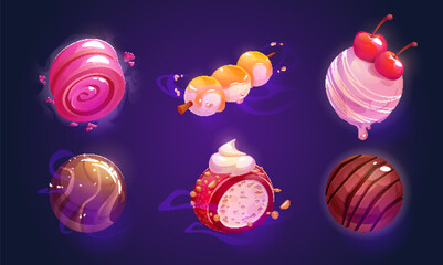 Fantasy game and fairy tale alien planets made from candy and sweet desserts. Cartoon vector set of fiction confectionery ball for wonder world galaxy creation. Chocolate, caramel and ice cream sphere