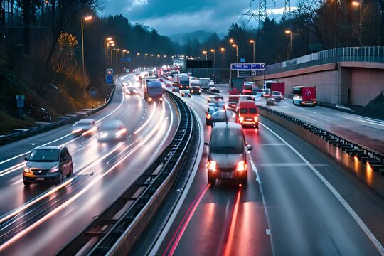 Cars and trucks pass on an A2 highway with a mounted motion blur effect, during the late evening.