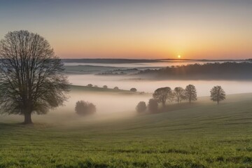 Obraz premium Foggy sunrise over tranquil countryside landscape