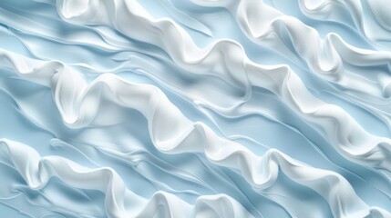 Fototapeta premium A blue and white background featuring a wavy pattern of white fabric overlapping the blue background, with an identical wavy pattern of white fabric at the very top