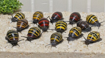 Obraz premium A collection of black and yellow insects rest atop a white tableau, adjacent to a potted plant on a stone slab of pristine white sand