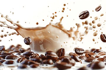 Fototapeta premium Coffee beans with milk splash isolated on white background