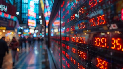Stock market prices displayed on electronic board.
