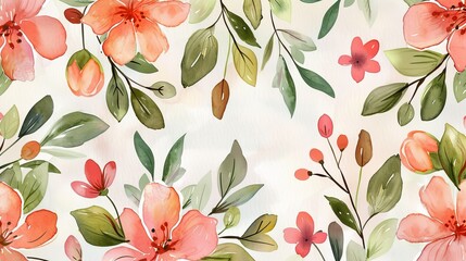 watercolor A beautiful watercolor floral pattern with peach and pink flowers and green leaves on a white background.