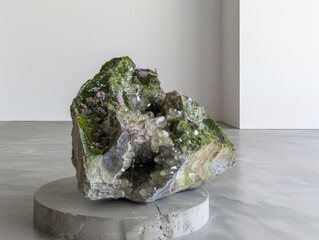 Large green crystal sits on top of grey concrete plinth.