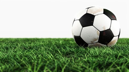  A soccer ball, monochrome against a lush green backdrop, rests atop a pristine white canvas of grass