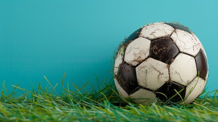 Fototapeta premium A soccer ball atop a lush, green grass field, adjacent to a blue-green wall and a patch of green covered ground