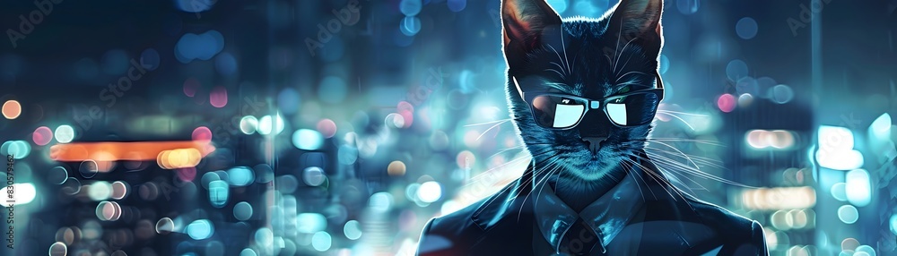 Poster cybernetic feline navigating futuristic metropolis with advanced tablet device