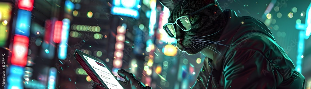 Poster Cybernetic Feline Navigating Futuristic Cityscape with Advanced Tablet Device