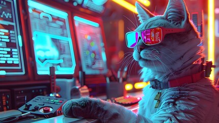 Fototapeta premium Humanoid Feline in Futuristic Workspace with Holographic Screens and Vibrant Aesthetics