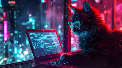 Cybernetic Feline Technician Analyzing Data in Neon Lit Urban Landscape
