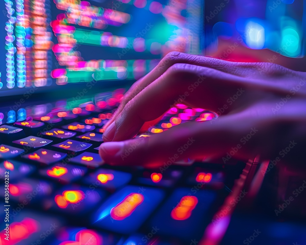 Poster hands typing on glowing backlit keyboard for web development