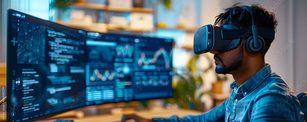 Poster man using virtual reality headset to develop 3d website design with data analytics dashboard