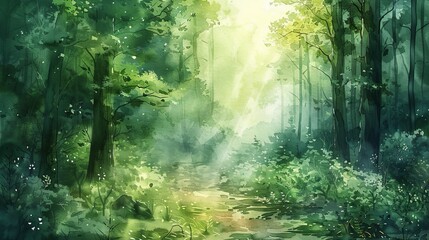 Obraz premium watercolor The green forest is a beautiful place to take a walk. The sun shines through the trees and makes the leaves glow. The air is fresh and clean. The path is easy to follow.