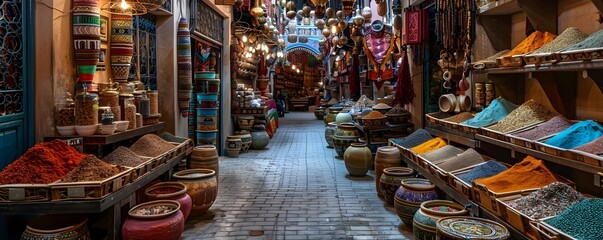 Vibrant Moroccan Bazaar A Labyrinth of Shops Showcasing Spices Textiles and Jewelry for Cultural