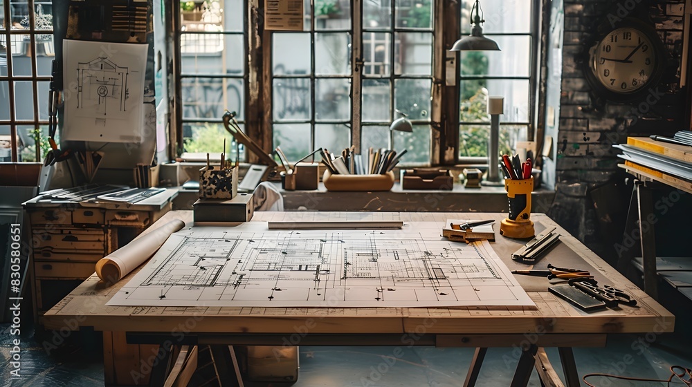 Poster architect s drafting table with blueprints models and drawing tools in modern office workspace for a