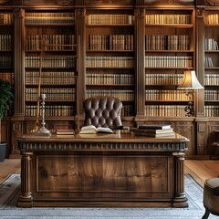 Elegant and Traditional Law Office with Mahogany Bookcase and Wooden Desk Workspace Concept with Copy Space