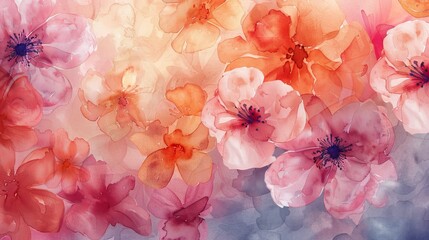 watercolor The image is a watercolor painting of pink and orange flowers. The flowers are set against a pale blue background. The painting has a soft, dreamy feel to it.