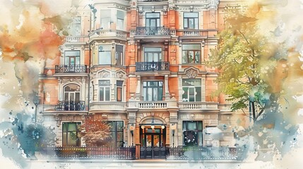 Obraz premium watercolor The image shows a beautiful watercolor painting of a historical building with a lot of windows.