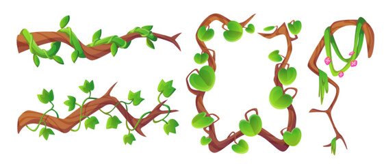 Long liana vine and rectangular frame with green leaves and flowers. Jungle plant branches for game ui design. Cartoon vector illustration set of rainforest ivy creeper. Vegetation twig with foliage.