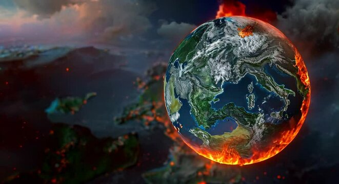 A digital painting of the earth on fire.