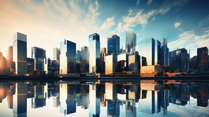 Obraz premium Urban Reflections: Contemporary Skyscrapers with Reflective Glass Facades Capturing Cityscape Beauty